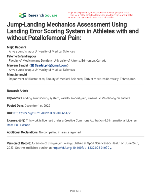 (PDF) Jump-Landing Mechanics Assessment Using Landing Error Scoring ...
