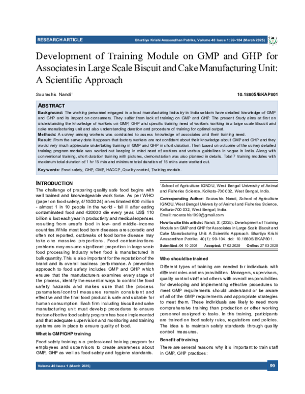 (PDF) Development of Training Module on GMP and GHP for Associates in ...