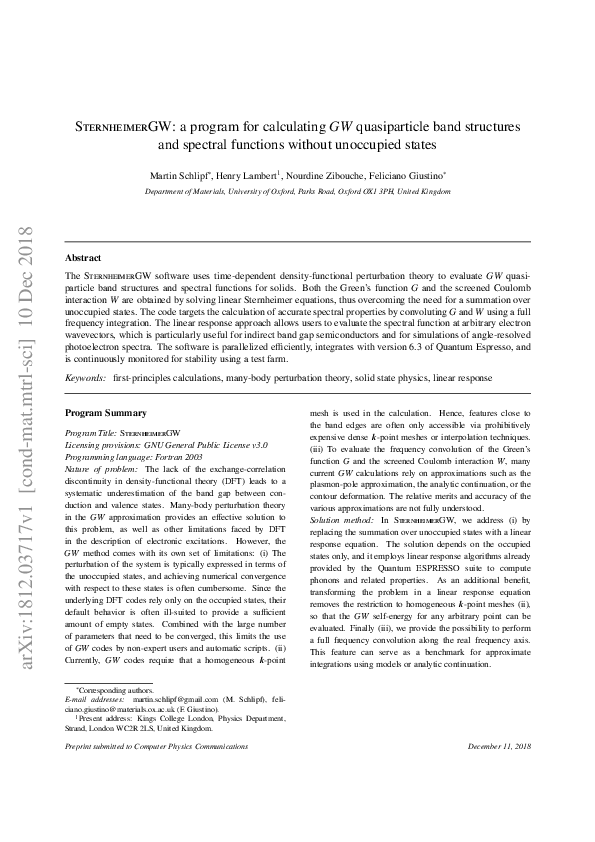 (PDF) SternheimerGW: a program for calculating GW quasiparticle band ...
