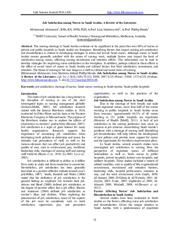 (PDF) Job Satisfaction among Nurses in Saudi Arabia: A Review of the ...