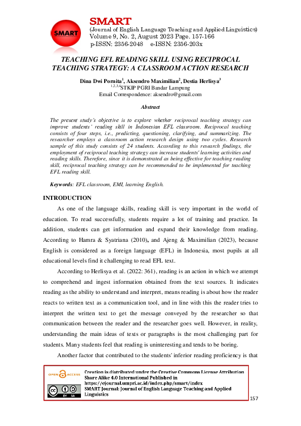 (PDF) Teaching Efl Reading Skill Using Reciprocal Teaching Strategy: A ...