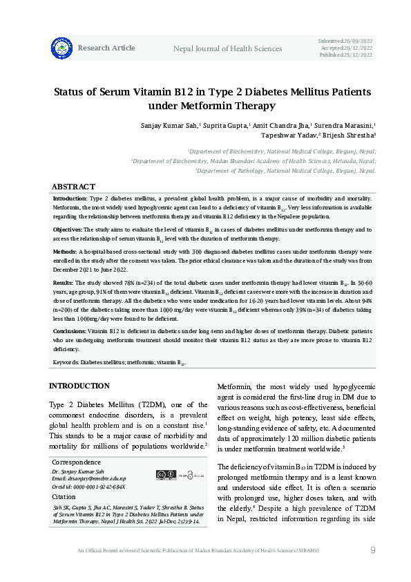 (PDF) Status of Serum Vitamin B12 in Type 2 Diabetes Mellitus Patients ...