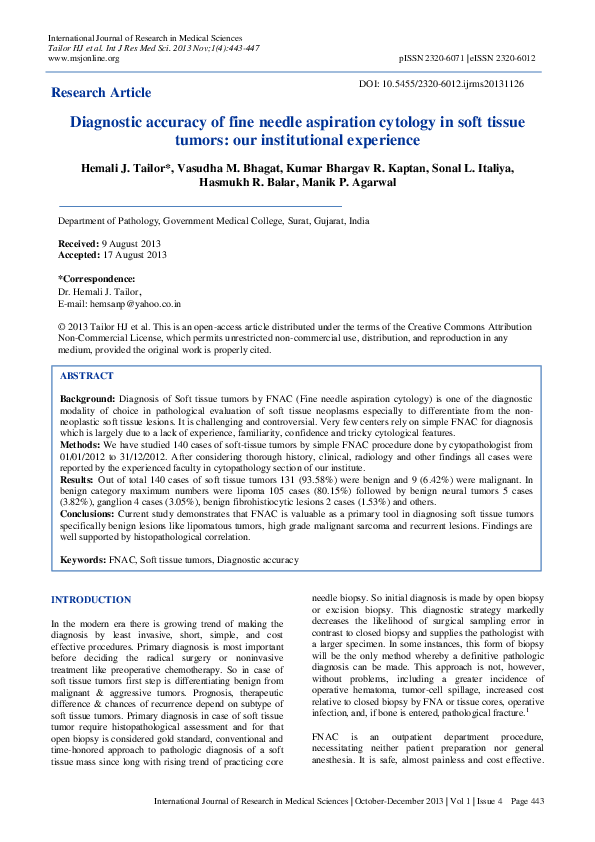 (PDF) Diagnostic accuracy of fine needle aspiration cytology in soft ...