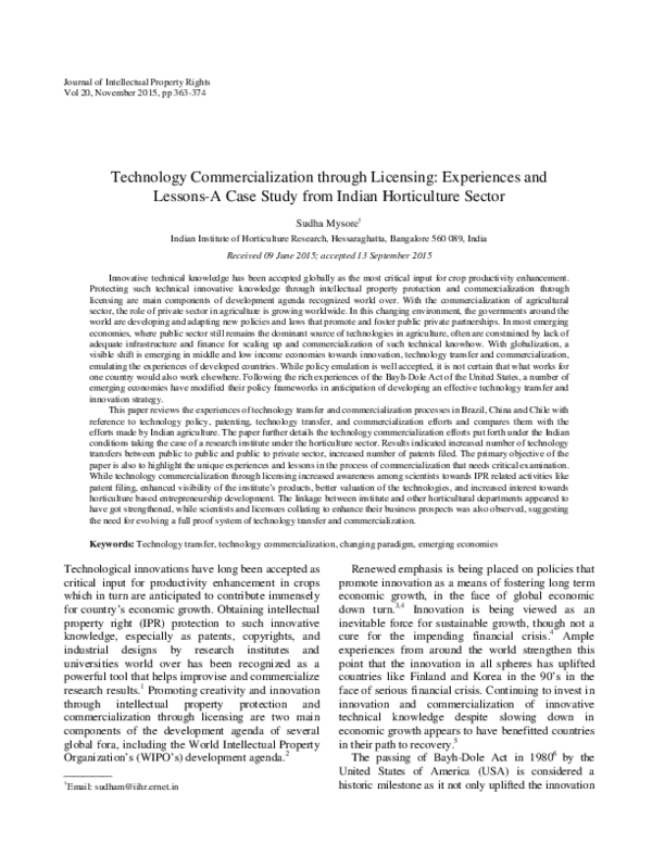 (PDF) Technology Commercialization through Licensing: Experiences and ...