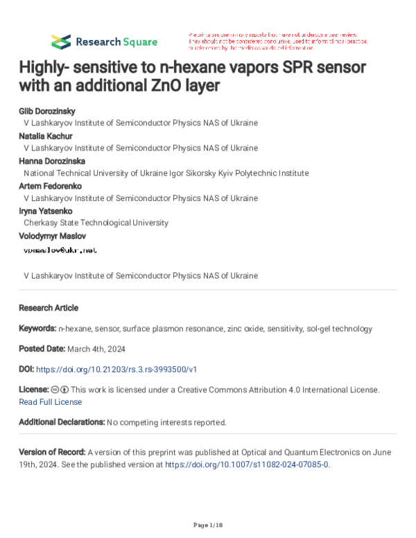 (PDF) Highly- sensitive to n-hexane vapors SPR sensor with an ...
