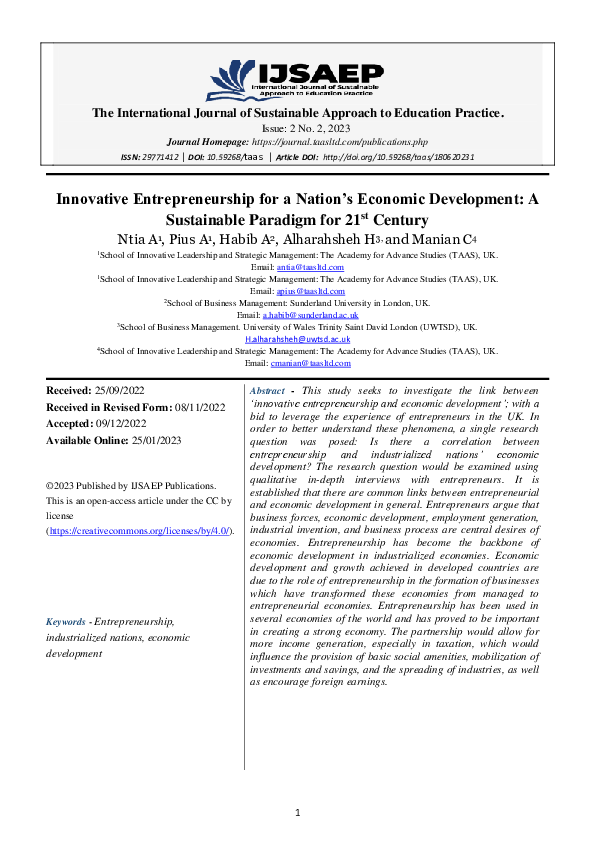 (PDF) Innovative Entrepreneurship for a Nation’s Economic Development ...