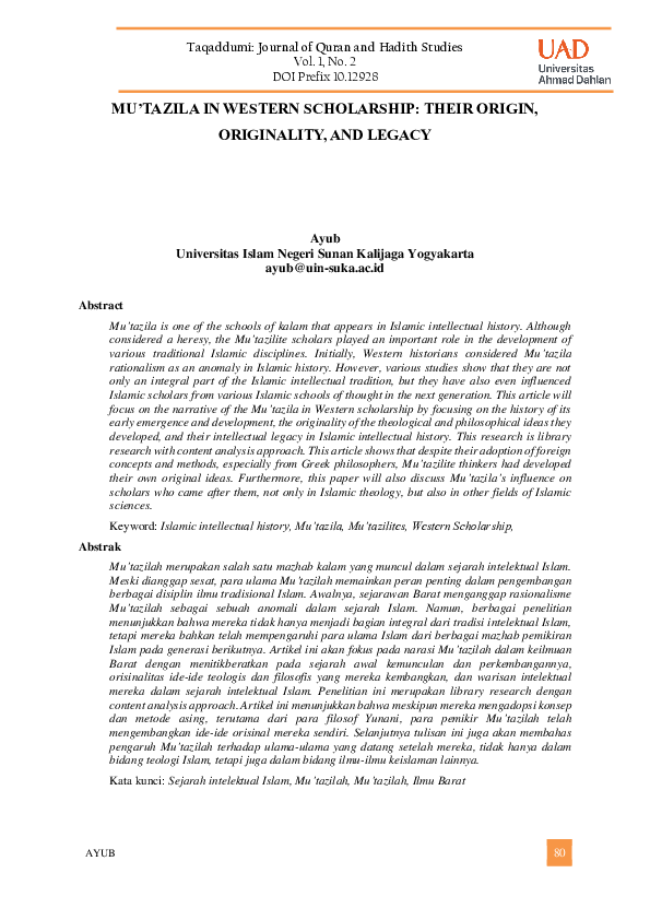 (PDF) Mu’Tazila in Western Scholarship: Their Origin, Originality, and ...