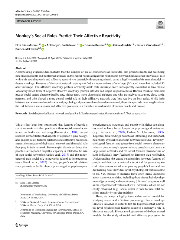 (PDF) Monkey’s Social Roles Predict Their Affective Reactivity