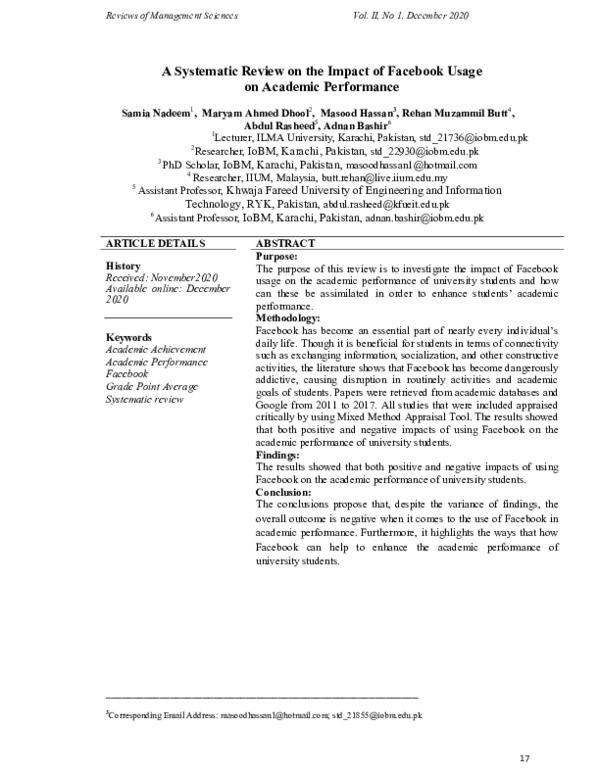 (PDF) A Systematic Review on the Impact of Facebook Usage on Academic ...
