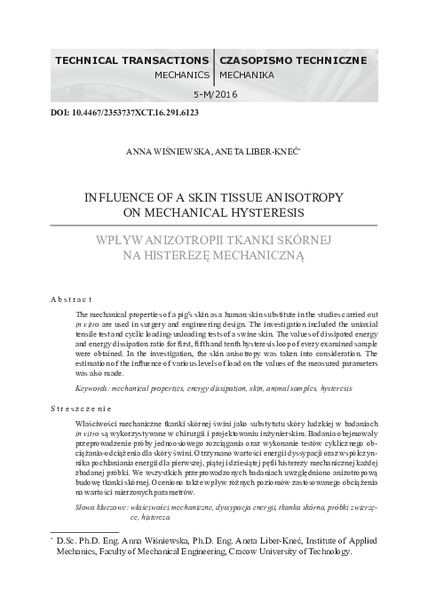 (PDF) Influence of a skin tissue anisotropy on mechanical hysteresis