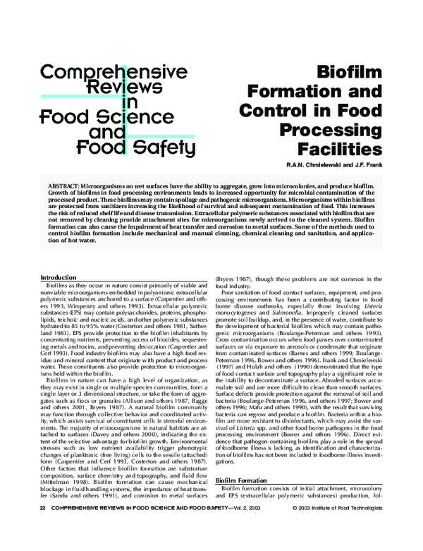 (PDF) Biofilm Formation and Control in Food Processing Facilities