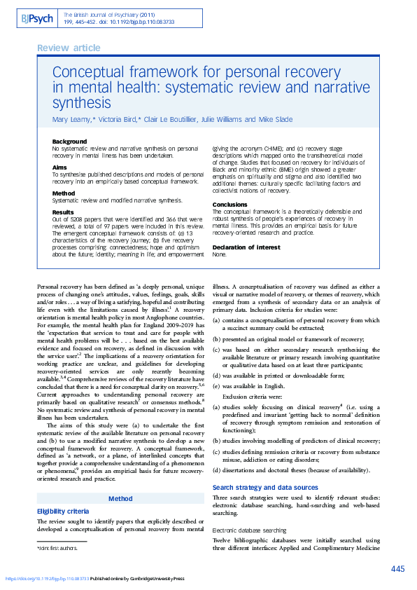 (PDF) Conceptual framework for personal recovery in mental health ...