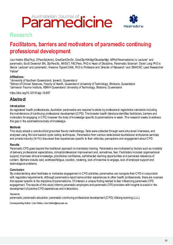 (PDF) Facilitators, Barriers and Motivators of Paramedic Continuing ...
