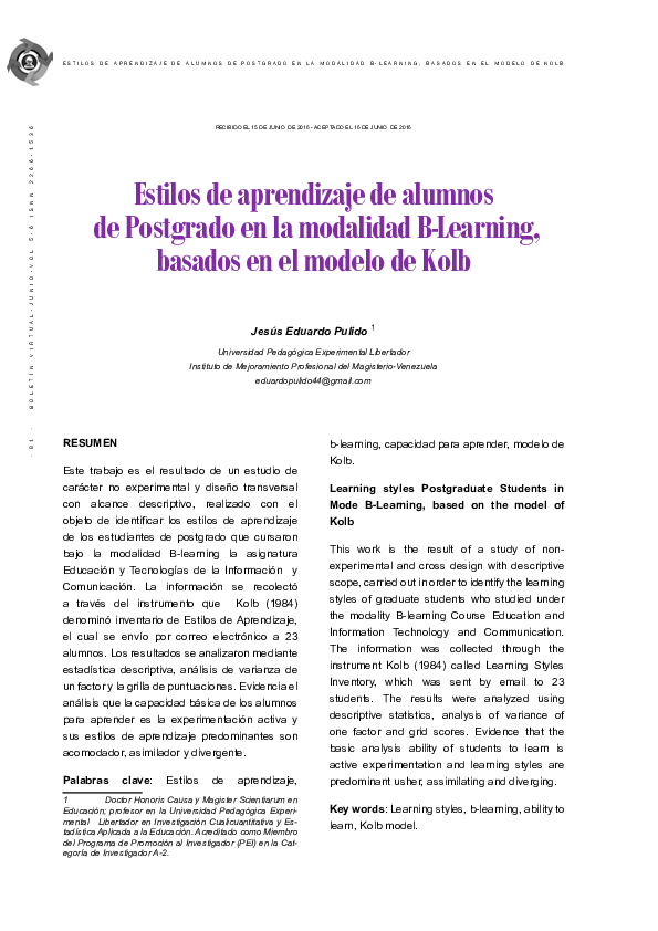 (PDF) Estilos de aprendizaje de alumnos de Postgrado en la modalidad B ...