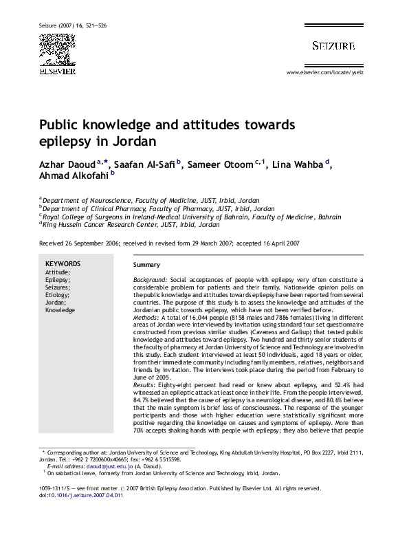 (PDF) Public knowledge and attitudes towards epilepsy in Jordan