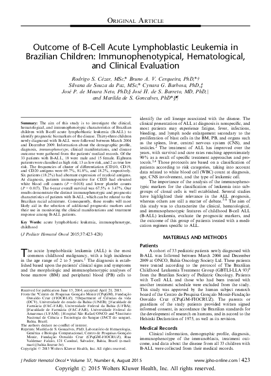 (PDF) Outcome of B-Cell Acute Lymphoblastic Leukemia in Brazilian Children