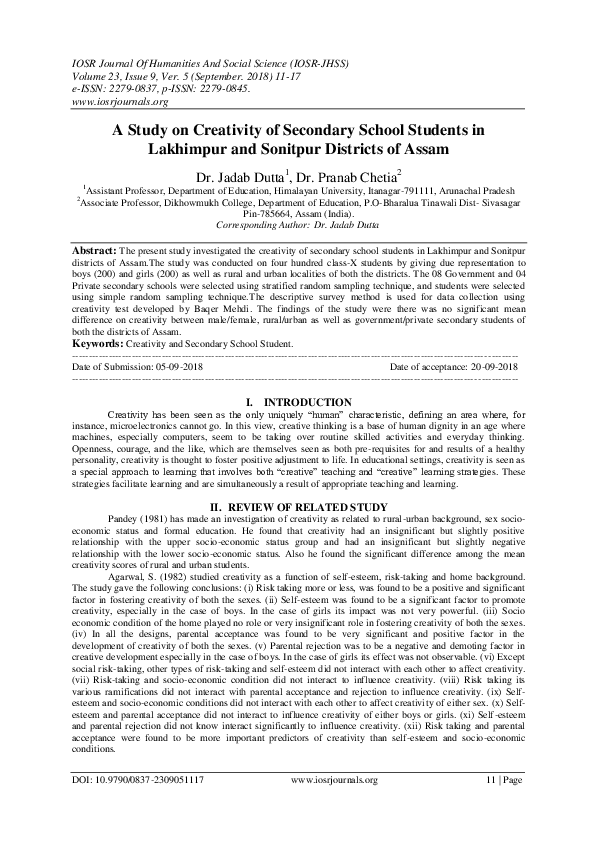 (PDF) A Study on Creativity of Secondary School Students in Lakhimpur ...