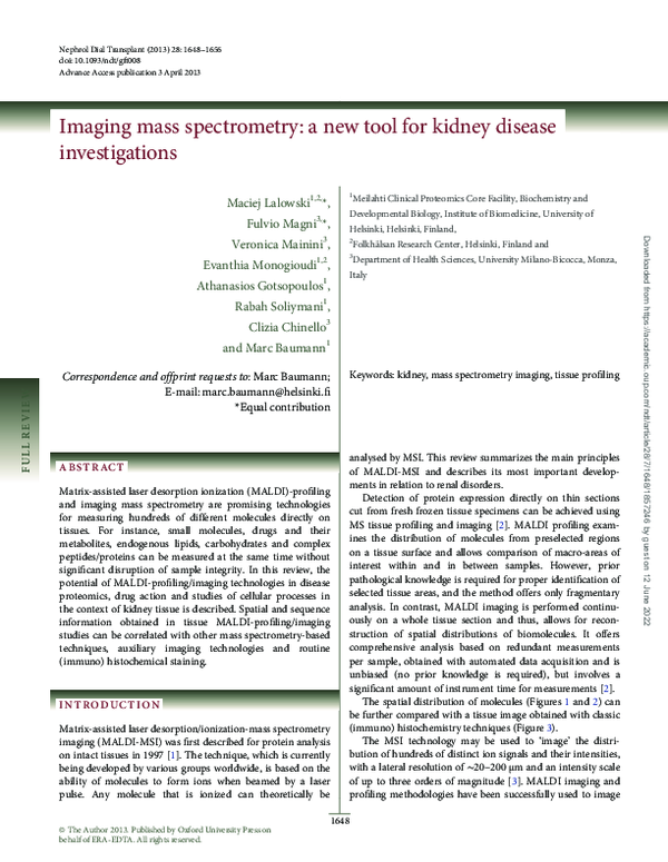 (PDF) Imaging mass spectrometry: a new tool for kidney disease ...