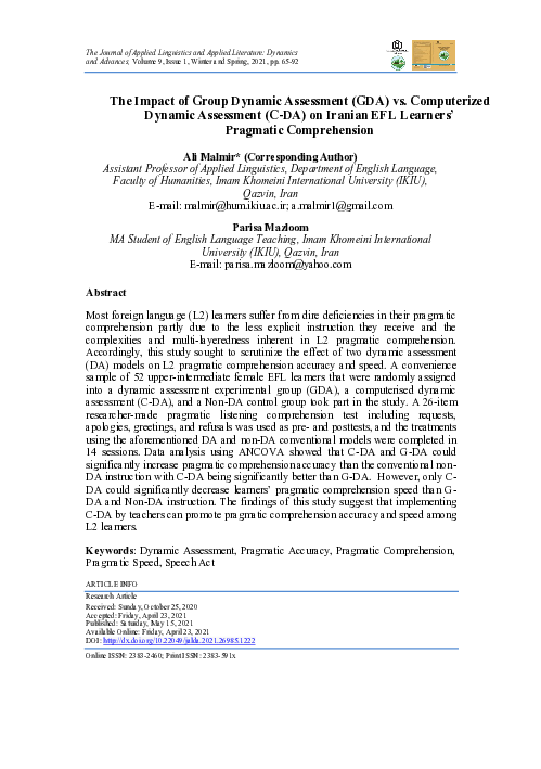 (PDF) The Impact of Group Dynamic Assessment (GDA) vs. Computerized ...