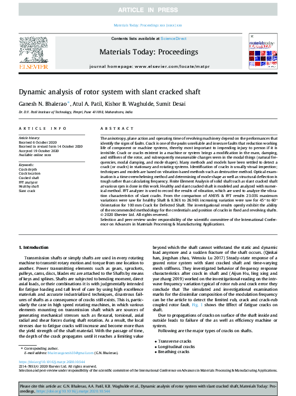 (PDF) Dynamic analysis of rotor system with slant cracked shaft