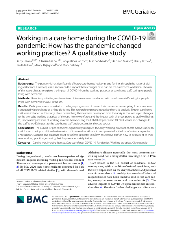 (PDF) Working in a care home during the COVID-19 pandemic: How has the ...
