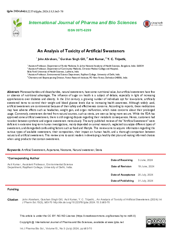 (PDF) An Analysis of Toxicity of Artificial Sweeteners