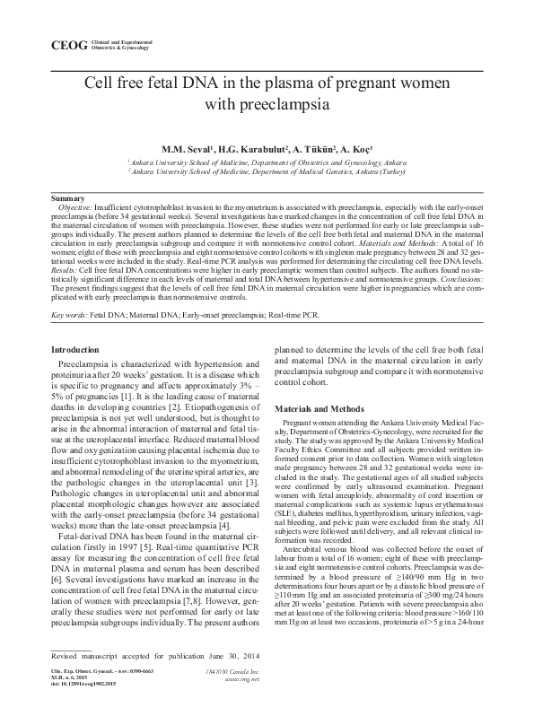 (PDF) Cell free fetal DNA in the plasma of pregnant women with preeclampsia