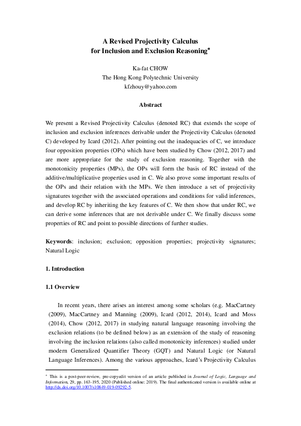 (PDF) A Revised Projectivity Calculus for Inclusion and Exclusion Reasoning