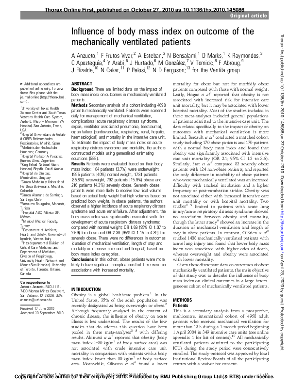 (PDF) Influence of body mass index on outcome of the mechanically ...