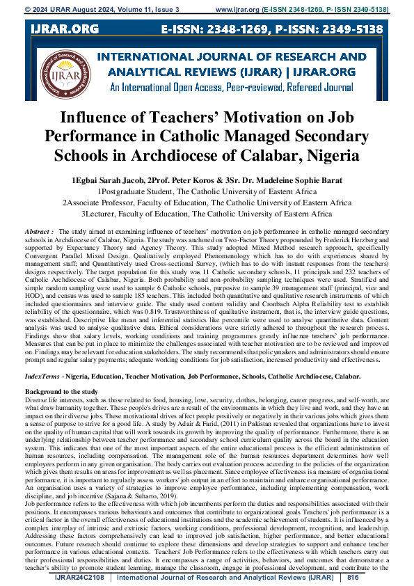 (PDF) Influence of Teachers' Motivation on Job Performance in Catholic ...