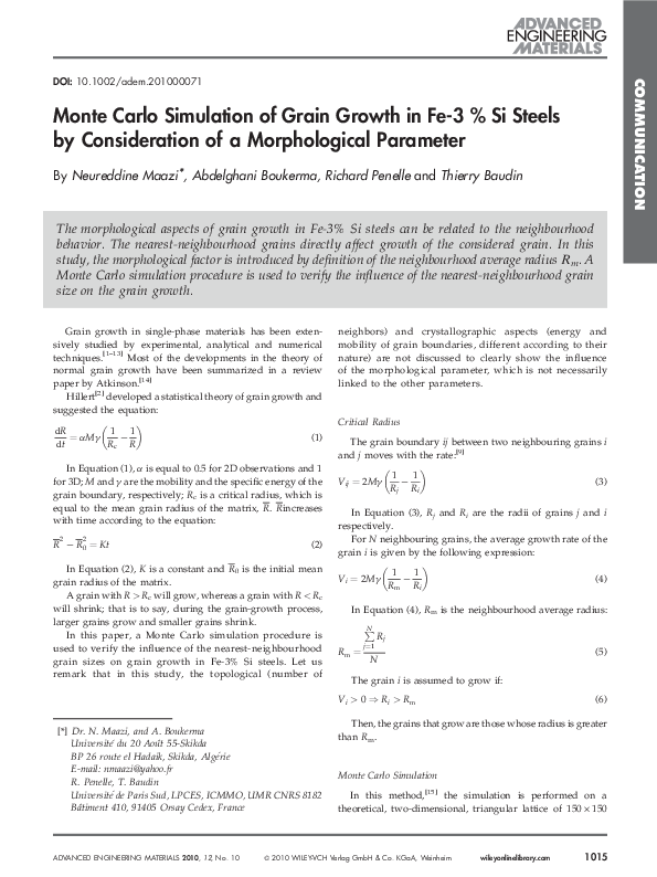 (PDF) Monte Carlo Simulation of Grain Growth in Fe-3 % Si Steels by ...