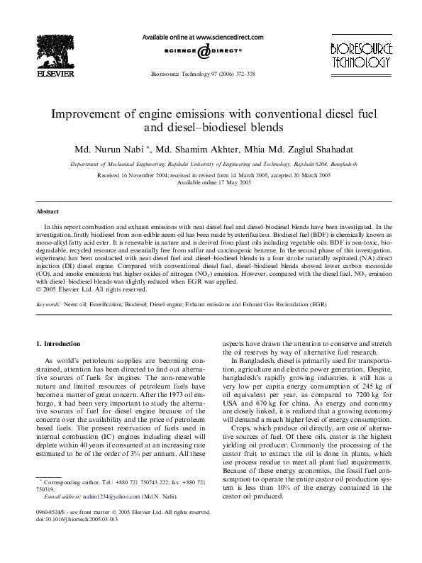 (PDF) Improvement of engine emissions with conventional diesel fuel and ...