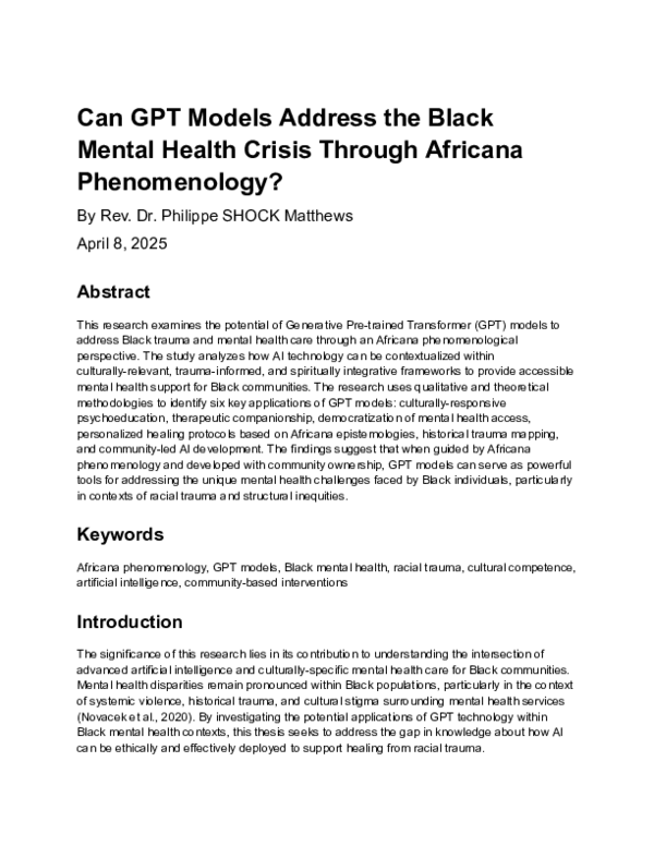 (PDF) Can GPT Models Address the Black Mental Health Crisis Through ...