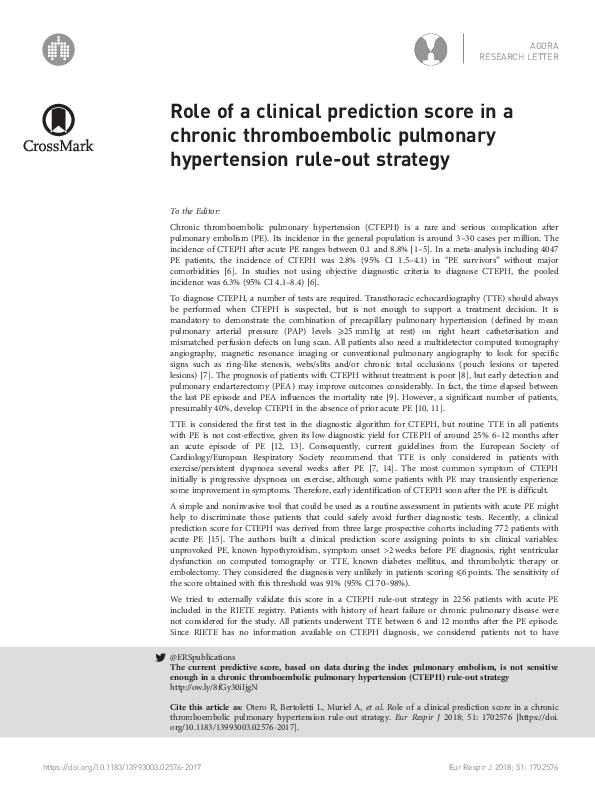 (PDF) Role of a Clinical Prediction Score in a Cteph Rule-Out Strategy
