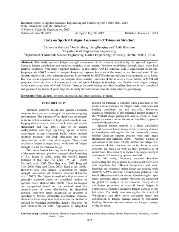 (PDF) Study on Spectral Fatigue Assessment of Trimaran Structure