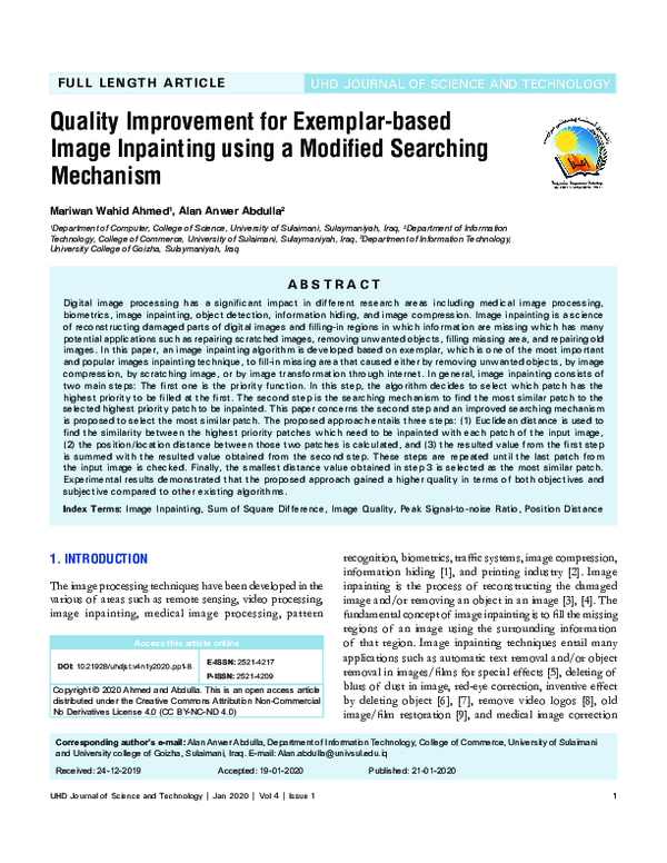 (PDF) Quality Improvement for Exemplar-based Image Inpainting using a ...