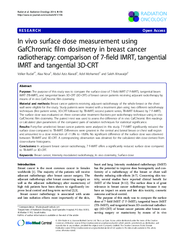 (PDF) In vivo surface dose measurement using GafChromic film dosimetry ...