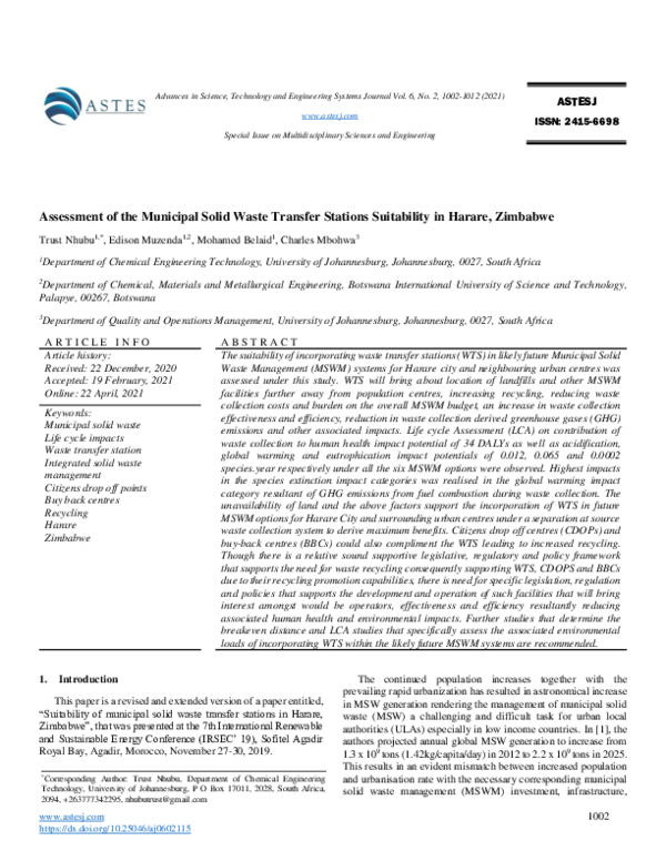 (PDF) Assessment of the Municipal Solid Waste Transfer Stations ...