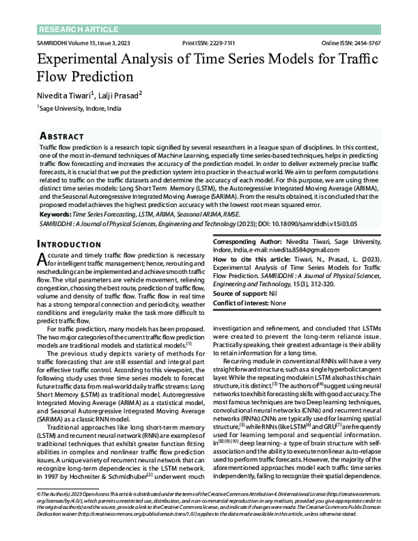 (PDF) Experimental Analysis of Time Series Models for Traffic Flow ...
