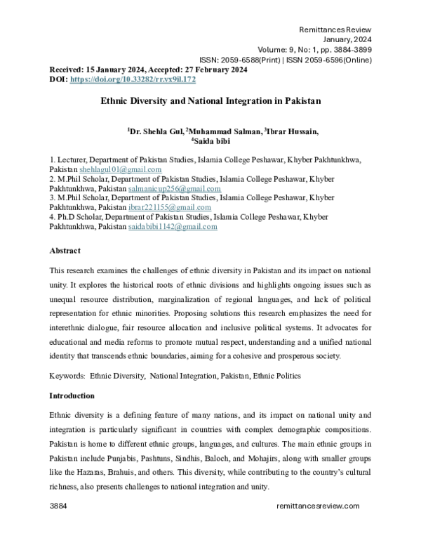 (PDF) Ethnic Diversity and National Integration in Pakistan
