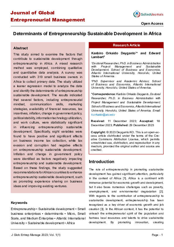 (PDF) Determinants of Entrepreneurship Sustainable Development in Africa