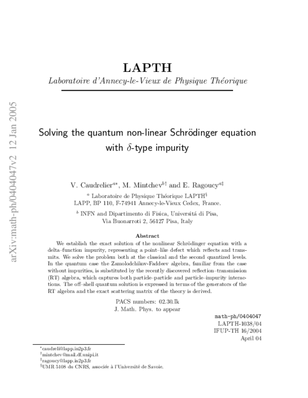 (PDF) Solving the quantum nonlinear Schrödinger equation with δ-type ...