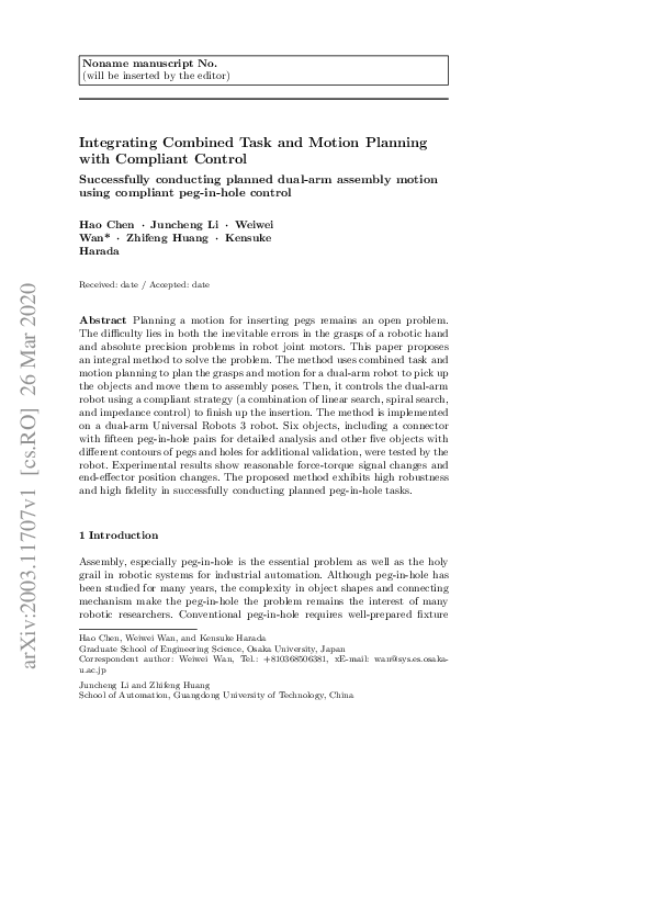 (PDF) Integrating combined task and motion planning with compliant control