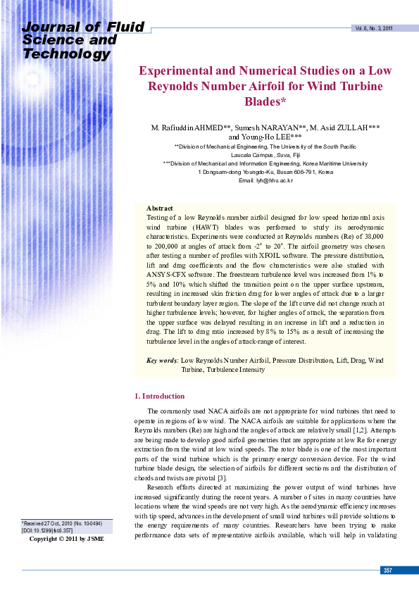 (PDF) Experimental and Numerical Studies on a Low Reynolds Number ...