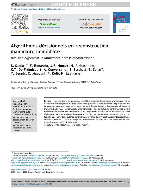 (PDF) Algorithmes décisionnels en reconstruction mammaire immédiate