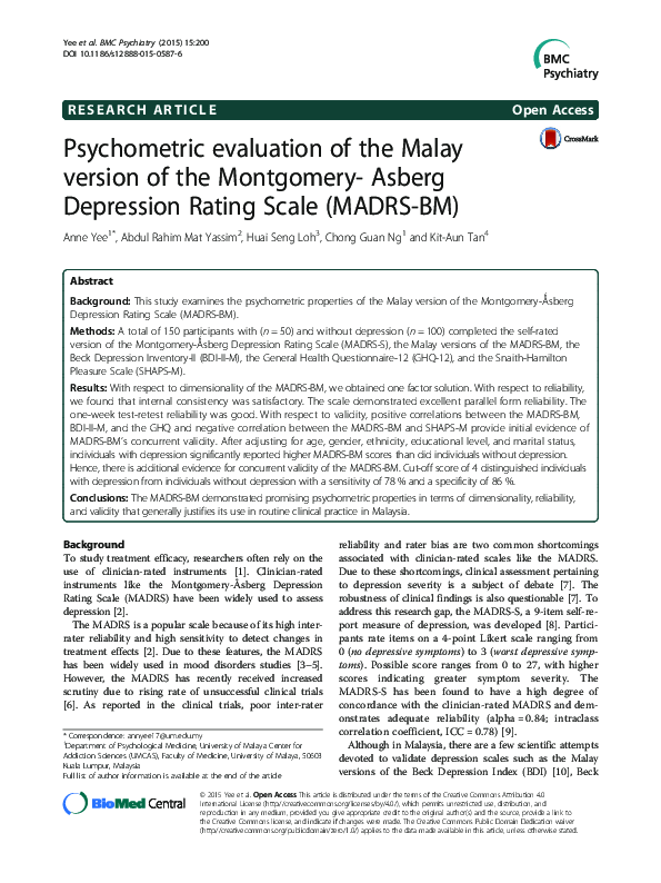 (PDF) Psychometric evaluation of the Malay version of the Montgomery ...