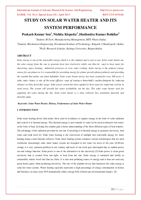 (PDF) Study on Solar Water Heater and Its System Performance