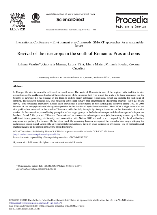 (PDF) Revival of the Rice Crops in the South of Romania: Pros and Cons