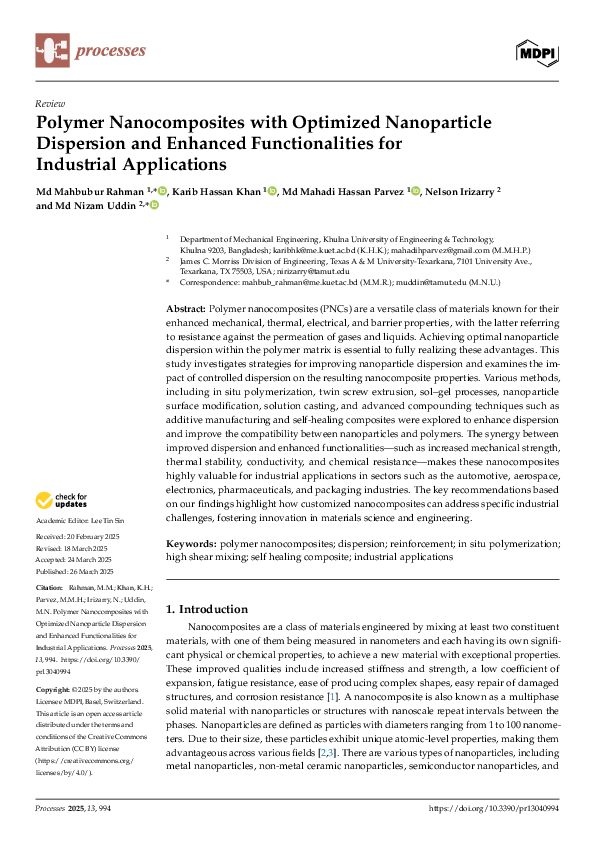 (PDF) Polymer Nanocomposites with Optimized Nanoparticle Dispersion and ...