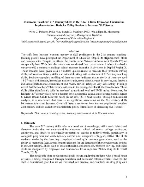 (PDF) Classroom Teachers' 21st Century Skills in the K to 12 Basic ...